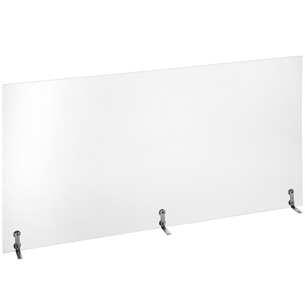 An American Metalcraft white acrylic rectangular booth shield with metal legs.