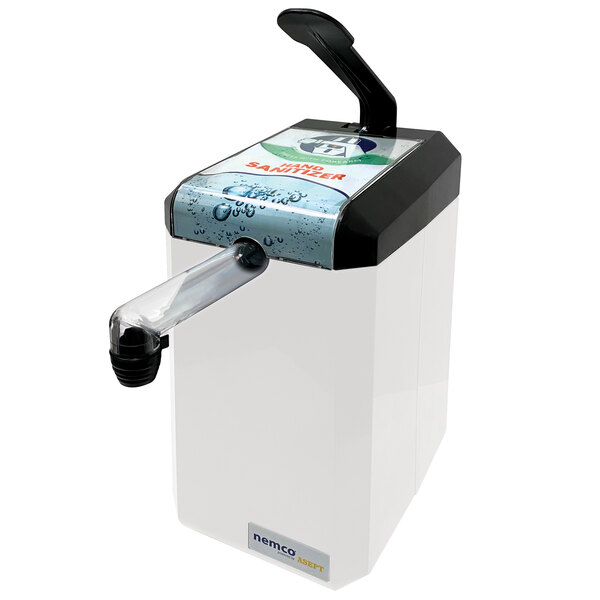 A white and black Nemco HyGenie manual hand sanitizer dispenser.