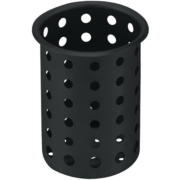 A black plastic flatware cylinder with holes.