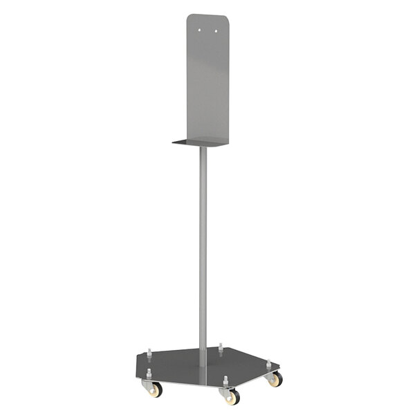 A Lakeside stainless steel mobile sanitizer dispenser stand with a rectangular white top.