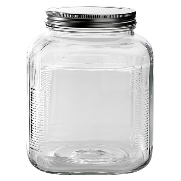 An Anchor Hocking 1 gallon clear glass cracker jar with a brushed metal lid.