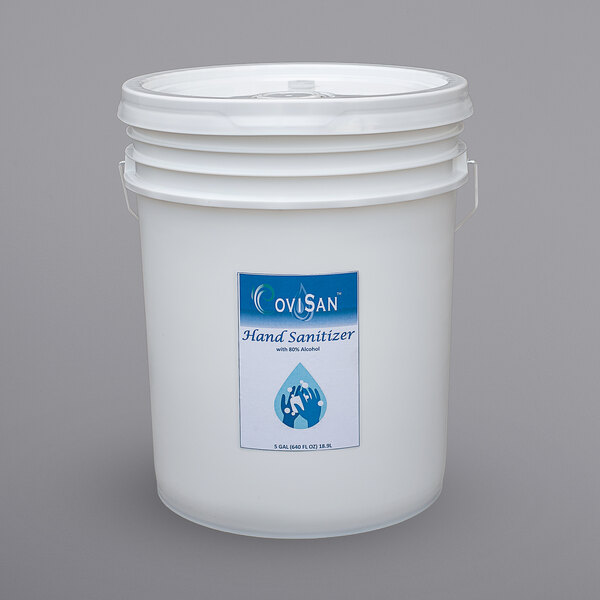 A white Covi Clean 5 gallon bucket with a label and a Reike spout.