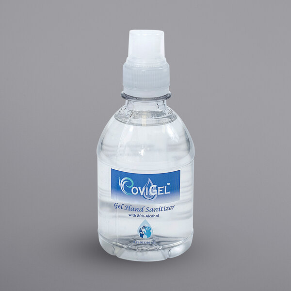 A Covi Clean 8 oz. bottle of hand sanitizer with a flip-up spout.