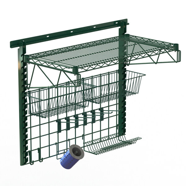 A green wire shelf with baskets and a blue cylinder attached to a white Metro SmartWall prep station.