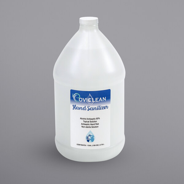 A white plastic jug of Covi Clean hand sanitizer with a pump attachment.