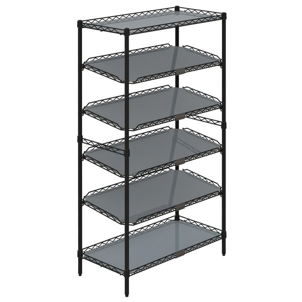 A black Metro wire shelving unit with white shelves and a sign.