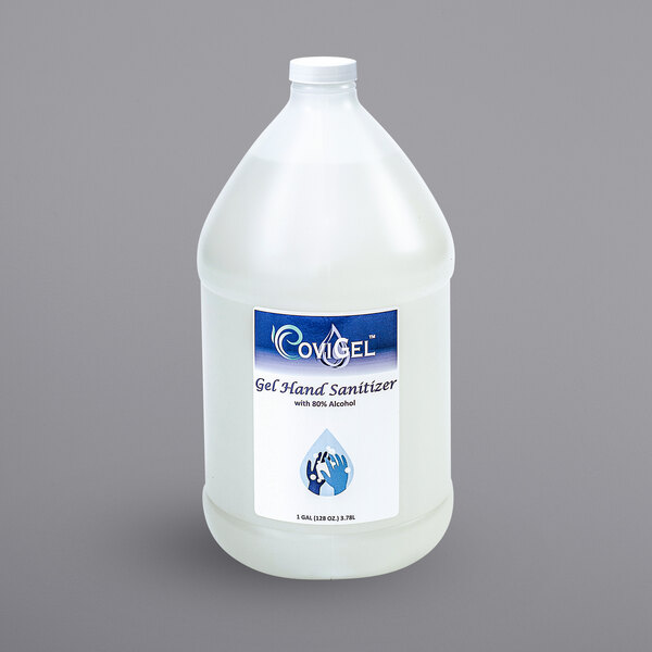 A white plastic 1 gallon jug of Covi Clean gel hand sanitizer with a pump.