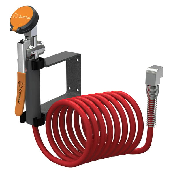 A red coiled nylon hose attached to a metal holder.