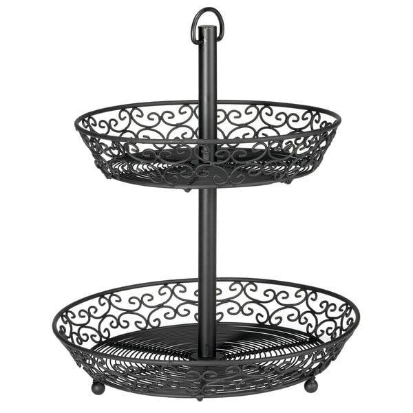 A Tablecraft black metal two tier display basket with a round bottom and metal rod.