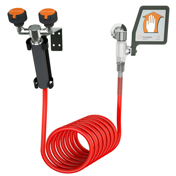 A Guardian Equipment wall mounted eyewash station with a red coiled hose and black flag handle.