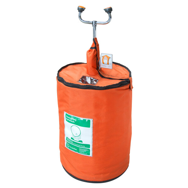 An orange insulated bag with a handle for a Guardian G1562HTR portable eyewash station.