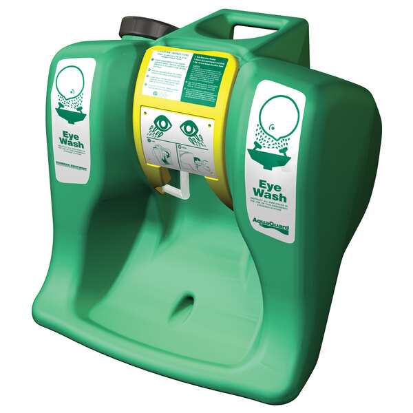 A green and yellow Guardian AquaGuard portable eye wash station with a label.