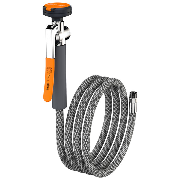 An unmounted Guardian Equipment drench unit hose with a grey squeeze valve handle.