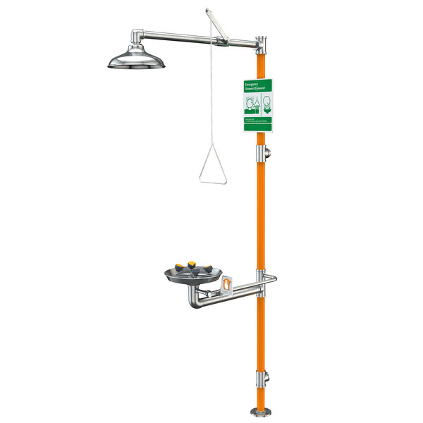 A Guardian Equipment stainless steel barrier-free safety station with a wide area eye wash and shower head.