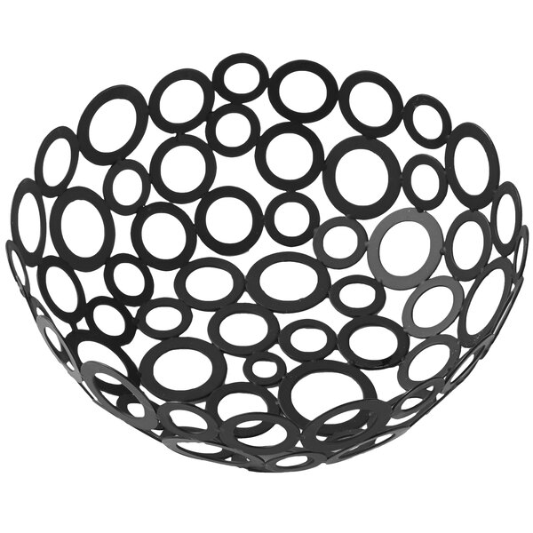 An American Metalcraft black metal round serving basket with circles on it.