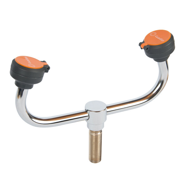 A Guardian Equipment eyewash outlet head assembly with orange metal handles.