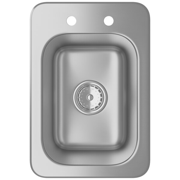 A stainless steel sink with a gooseneck faucet and holes.