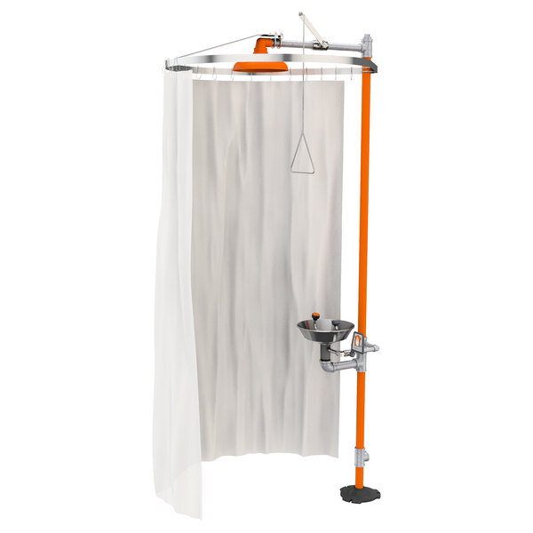 A Guardian Equipment barrier-free shower with a white curtain.