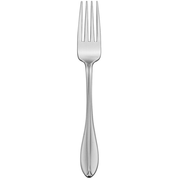 A close-up of a silver Delco Rhodes dinner fork with a white background.