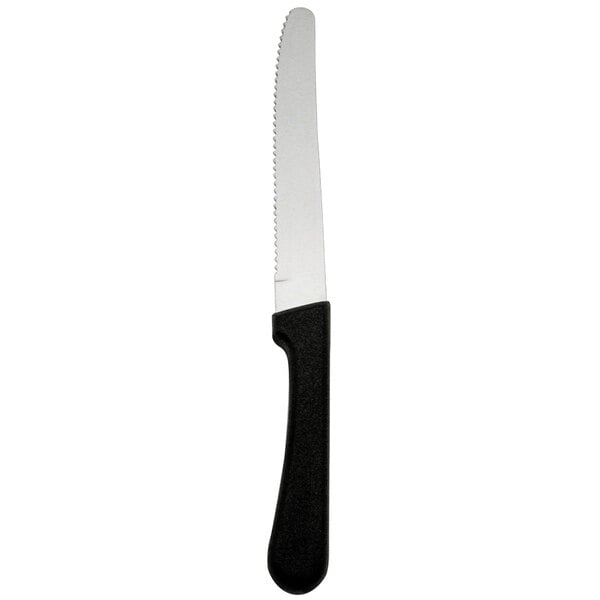 A Delco Seville stainless steel steak knife with a black poly handle.
