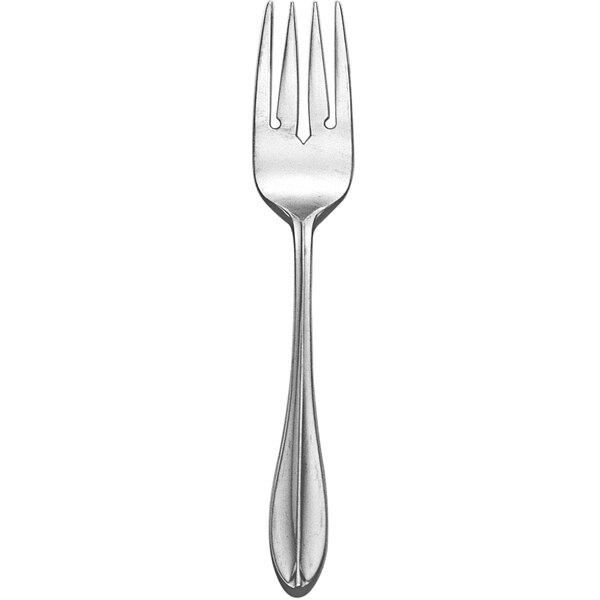 A close-up of a Delco Rhodes stainless steel salad fork with a silver handle.