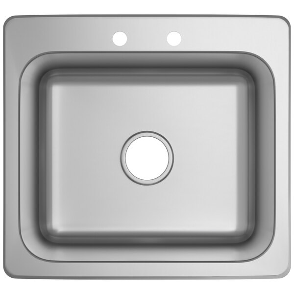 A close-up of a Waterloo stainless steel sink with a single drain.