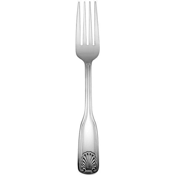 A 1880 Hospitality stainless steel dinner fork with a silver handle.