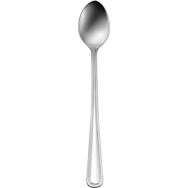 A Delco Belmore stainless steel iced tea spoon with a silver handle.