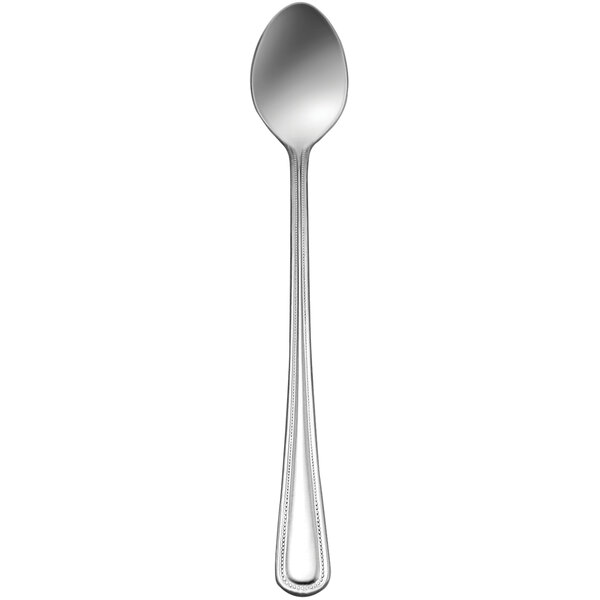 A silver iced tea spoon with a long handle.