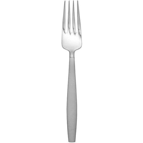 A close-up of a Delco Colton stainless steel dinner fork with a white handle.
