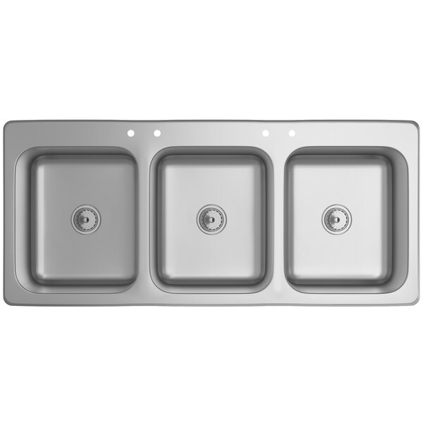 A Waterloo stainless steel drop-in sink with three bowls.