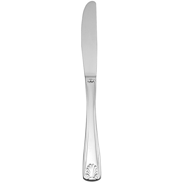 A silver stainless steel Delco Laguna table knife with a silver handle.