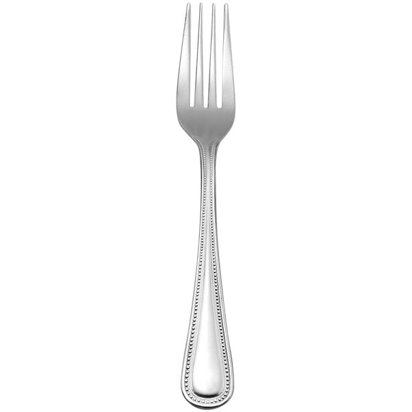 A Delco Prima by 1880 Hospitality stainless steel dinner fork with a silver handle on a white background.
