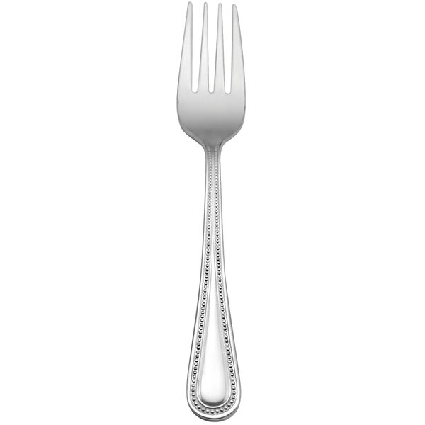 A Delco Prima stainless steel salad/pastry fork with a beaded design on the handle.