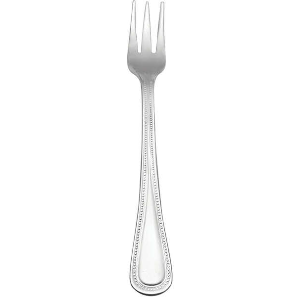 A Delco Prima stainless steel cocktail/oyster fork with a silver handle and 3 tines.