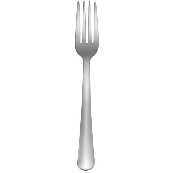 A silver Delco Heavy Windsor stainless steel dinner fork with a black tip on a white background.