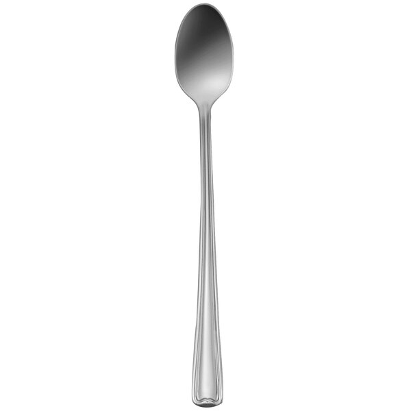 A stainless steel iced tea spoon with a silver handle.