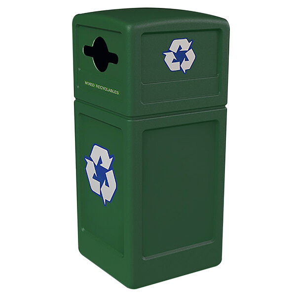 A green Commercial Zone recycling container with a white mixed recycling slot and white recycle symbol on top.