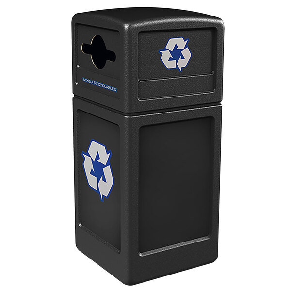 A black Commercial Zone recycling container with a white and blue recycle symbol on top.