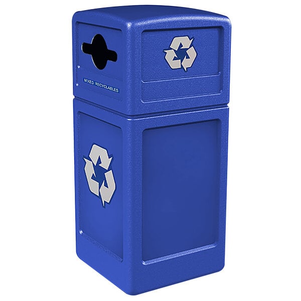 A blue Commercial Zone recycling container with a white recycle symbol on the lid.