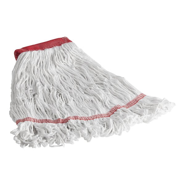 A Lavex white cotton blend wet mop with red trim.