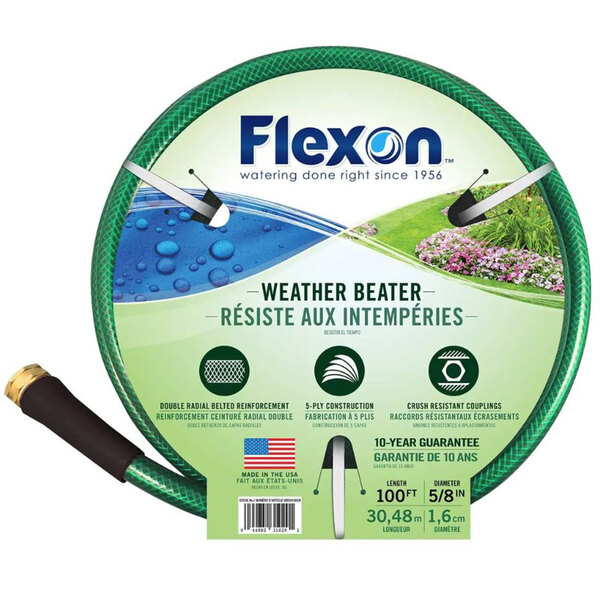 A green Flexon medium-duty garden hose with a black hose end.