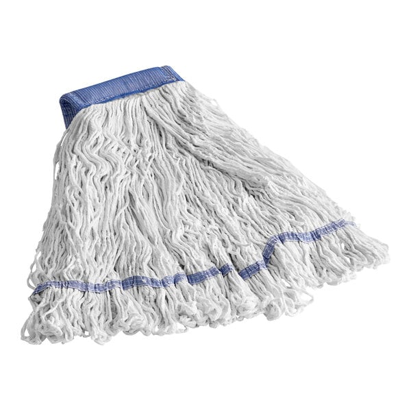 A white Lavex wet mop with blue trim.