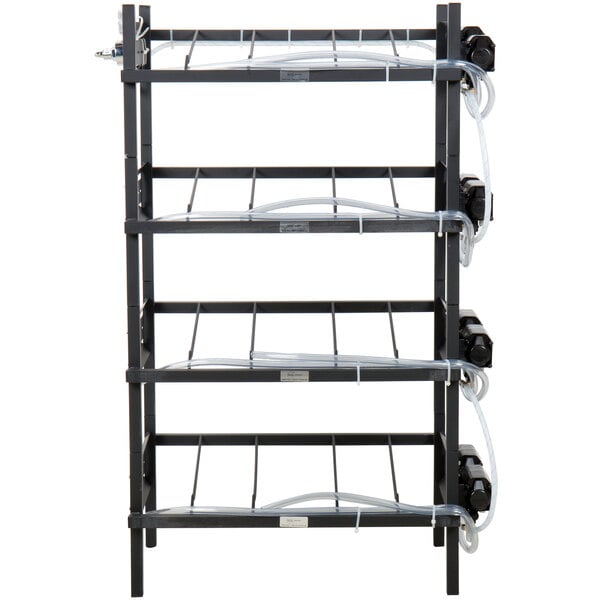 A black metal rack with black tubes on three shelves.
