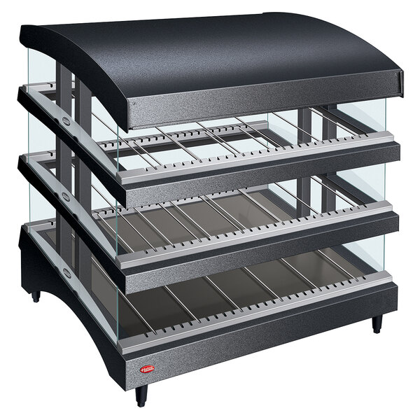 A black Hatco countertop display case with heated glass shelves.