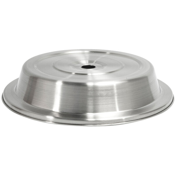 A brushed stainless steel round plate cover with a hole in the center.