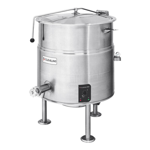A large stainless steel Cleveland electric steam kettle with a lid.
