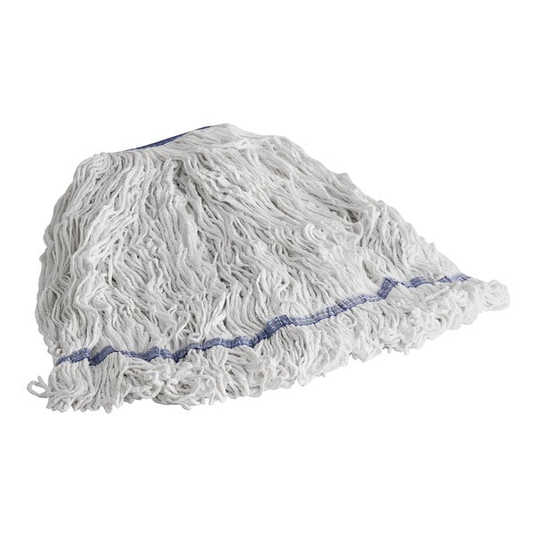 A white Lavex wet mop with blue trim.