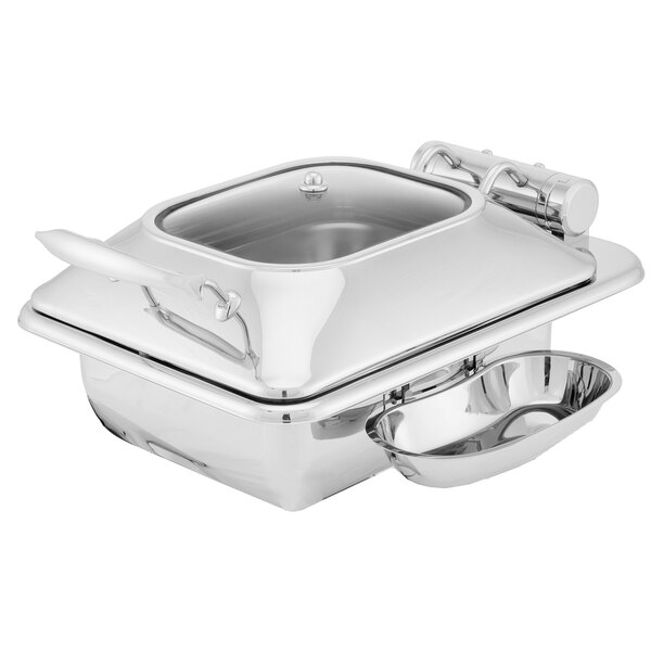 A silver rectangular stainless steel Walco chafing dish with a glass lid.