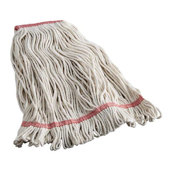 A Choice natural cotton wet mop head with a red stripe on a white background.